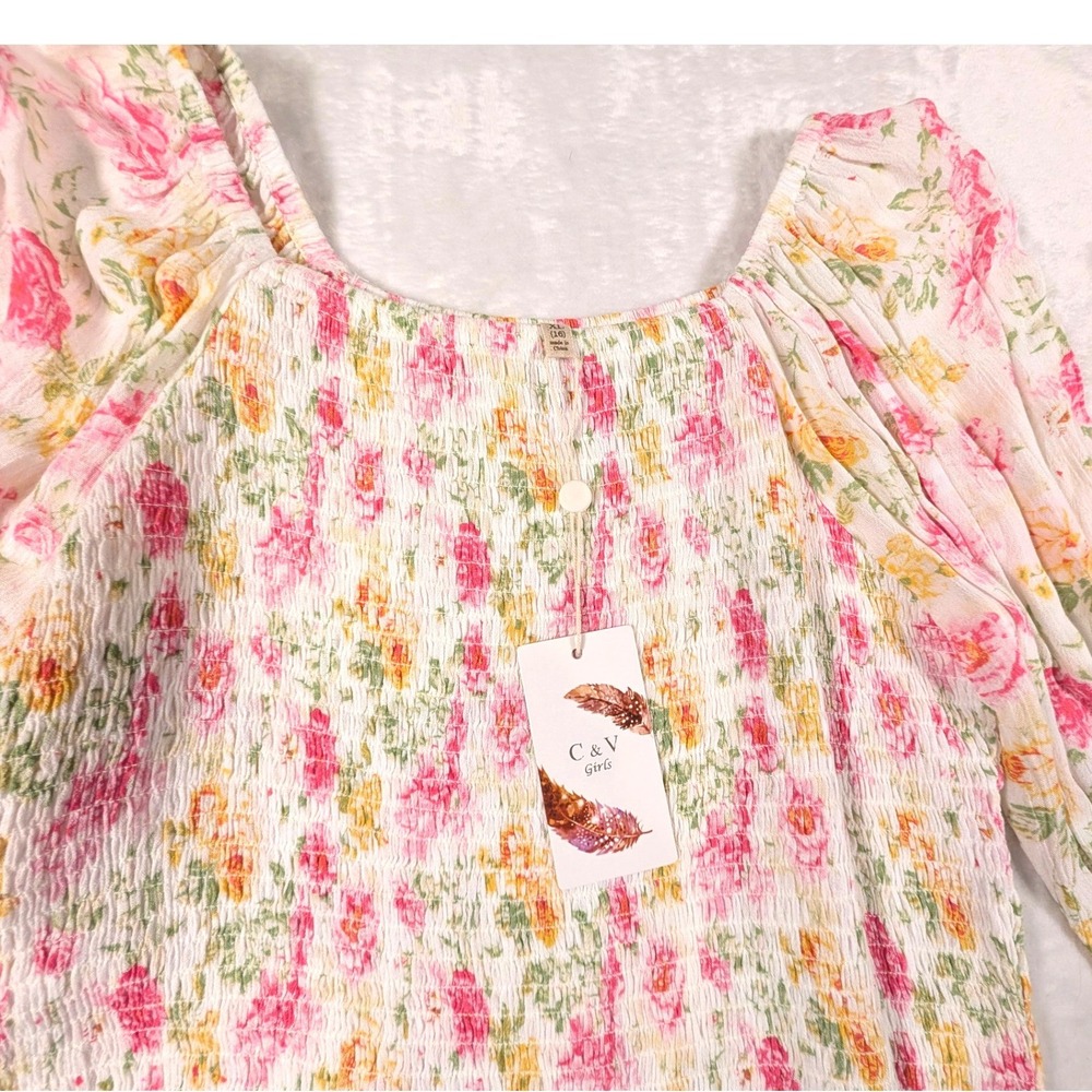 C & V Girls Floral Smocked Peasant Tops Lot of 3 Pink Blue Cream Boho Size XL - Picture 5 of 16